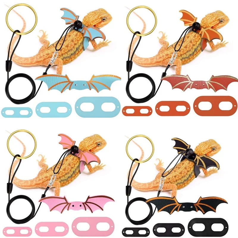 2022 New 3 Pcs Adjustable Bearded Dragon Leash with Bat Wings Soft Leather Lizard Harness for Amphibians and Other Small Reptile