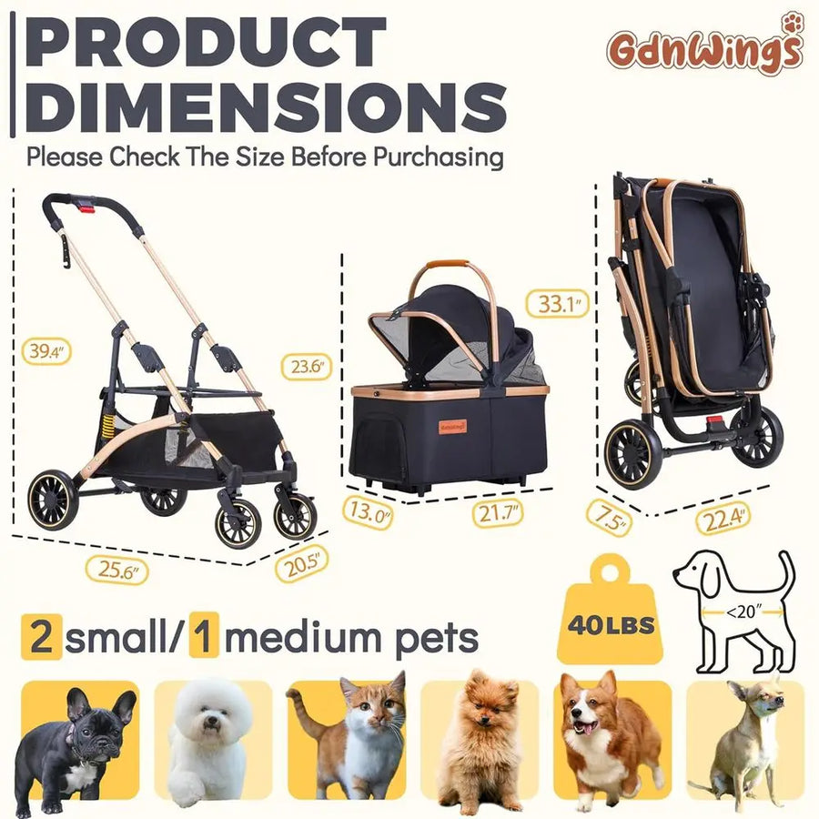 Pet Stroller, Small Dogs, Lightweight Small Dog Stroller, Dogs Cats with 6 Shock Absorption System, Detachable Carrier Suitable,