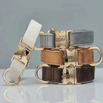 Multiple Colour Velvet Personalise Dog Collar Leash Set with Bow,Brown+Grey+White,Engraved Pet Name Plate Metal Buckle,Wedding P