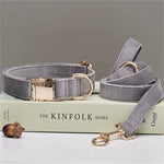 Multiple Colour Velvet Personalise Dog Collar Leash Set with Bow,Brown+Grey+White,Engraved Pet Name Plate Metal Buckle,Wedding P