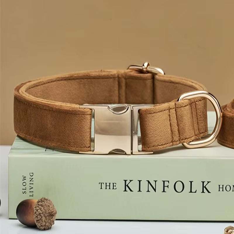 Multiple Colour Velvet Personalise Dog Collar Leash Set with Bow,Brown+Grey+White,Engraved Pet Name Plate Metal Buckle,Wedding P