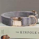 Multiple Colour Velvet Personalise Dog Collar Leash Set with Bow,Brown+Grey+White,Engraved Pet Name Plate Metal Buckle,Wedding P