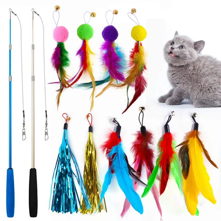 Three-Section Fishing Rod Tassel Hair Ball Funny Cat 12-Piece Set of Color Feather Replacement Head Cat Toys Interactive