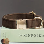Multiple Colour Velvet Personalise Dog Collar Leash Set with Bow,Brown+Grey+White,Engraved Pet Name Plate Metal Buckle,Wedding P