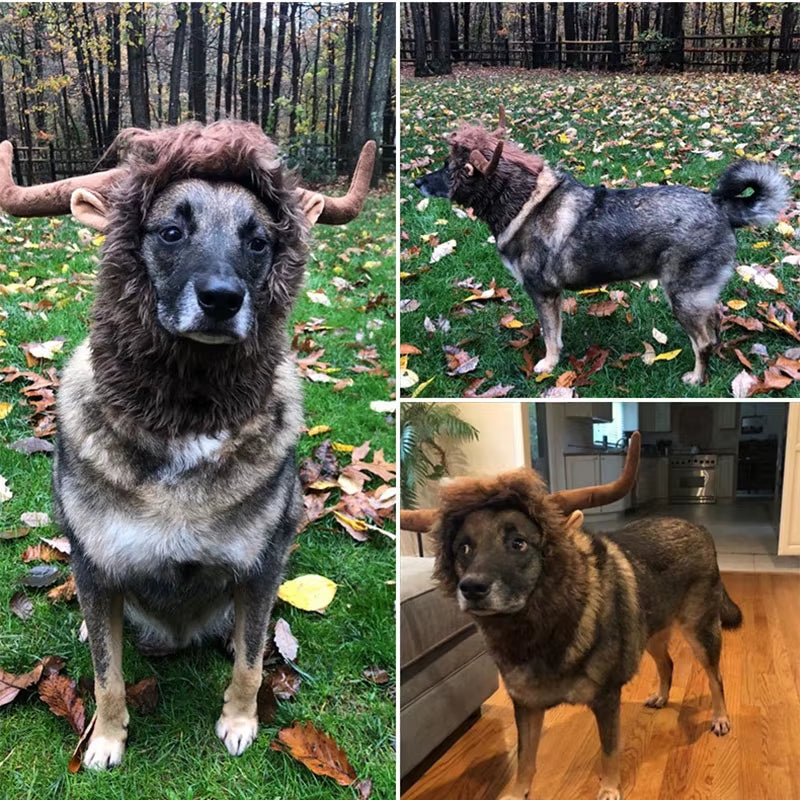 Cute Pet Cosplay Clothes Transfiguration Cow Horn Costume Winter Warm Wig Cat Large Dog Party Decoration with Ear Pet Apparel